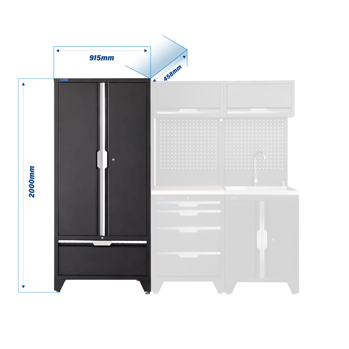 SGS 7pc Garage Storage System | 4 Drawers | Pressed Wood Worktop | Sink Unit | 2x Upper Cabinets | Tall Double Cabinet with Drawer